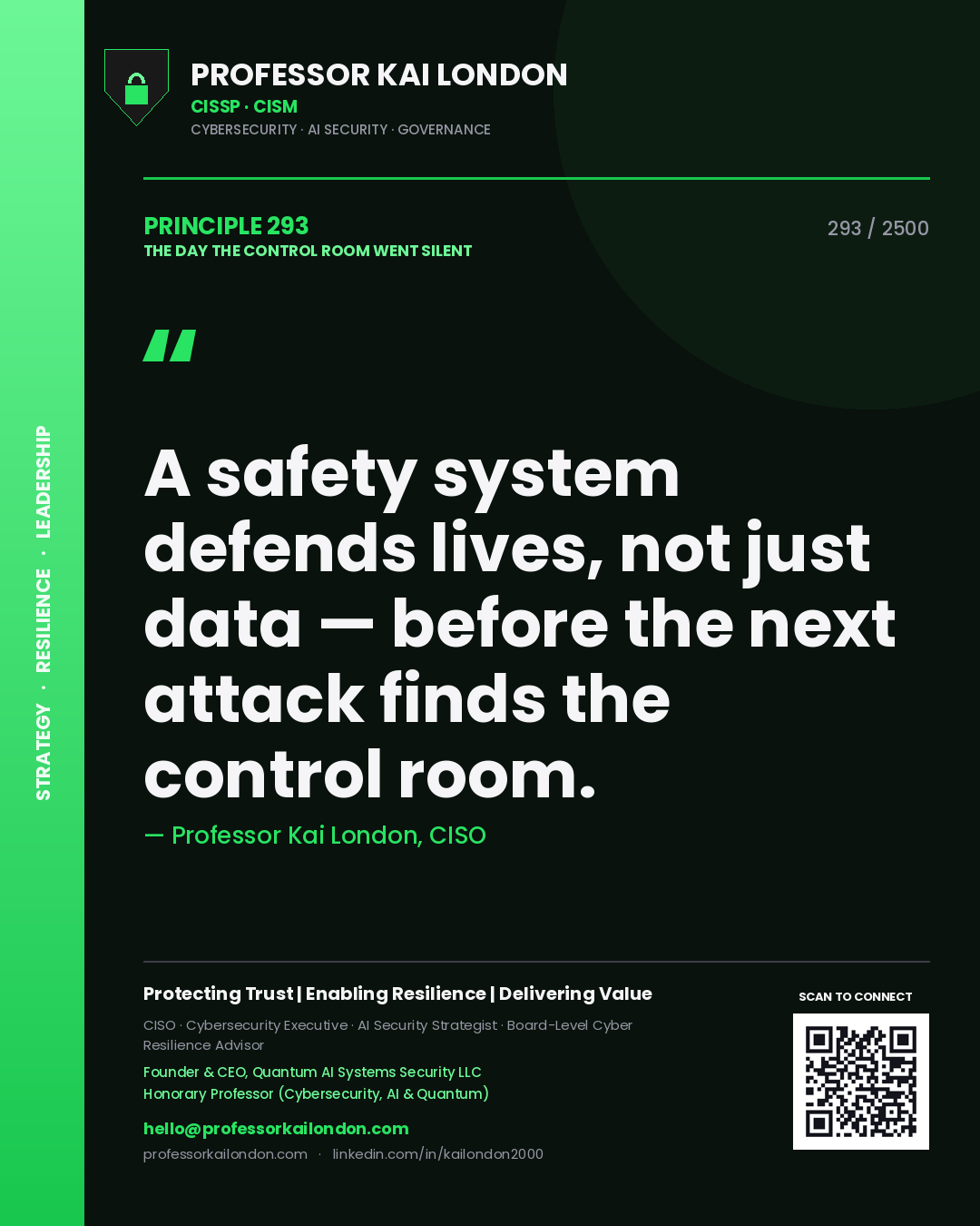 Professor Kai London principle 293: A safety system defends lives, not just data — before the next attack finds the control room.