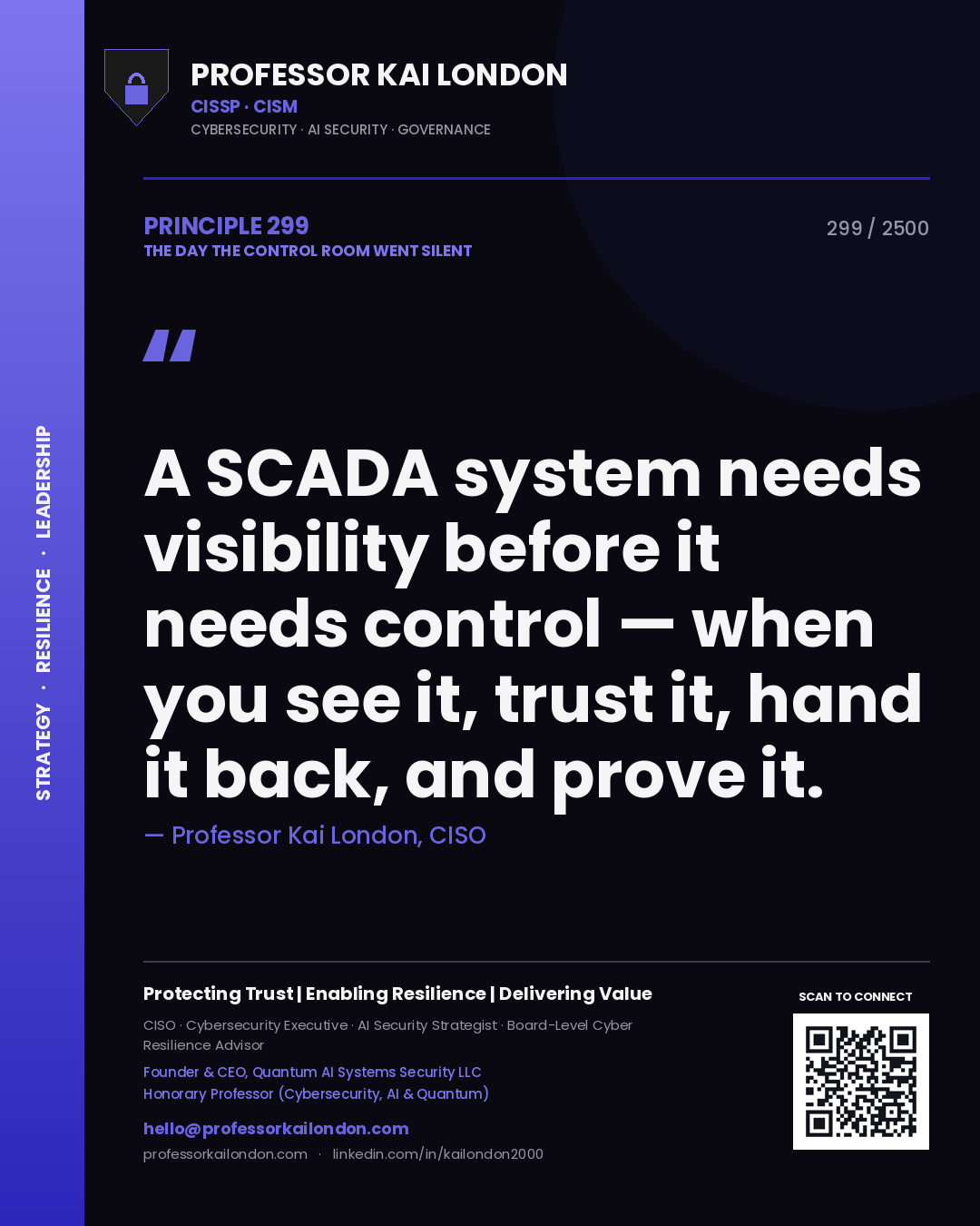 Professor Kai London principle 299: A SCADA system needs visibility before it needs control — when you see it, trust it, hand it back, and prove it.