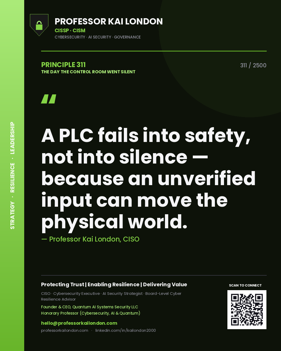 Professor Kai London principle 311: A PLC fails into safety, not into silence — because an unverified input can move the physical world.