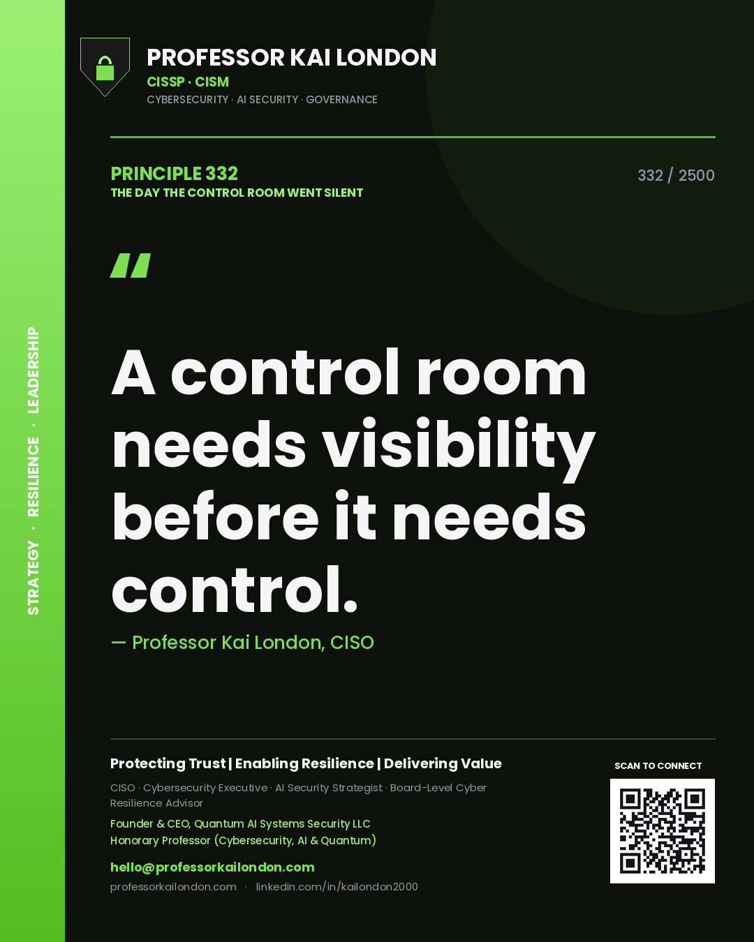 Quote card by Professor Kai London reading 'A control room needs visibility before it needs control.'. From the book The Day the Control Room Went Silent.