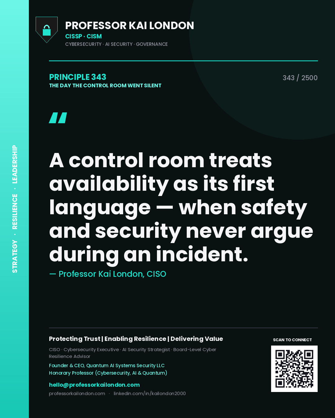 Quote card by Professor Kai London reading 'A control room treats availability as its first language — when safety and security never argue during an incident.'. From the book The Day the Control Room Went Silent.