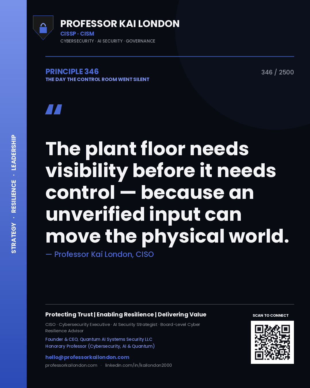 Quote card by Professor Kai London reading 'The plant floor needs visibility before it needs control — because an unverified input can move the physical world.'. From the book The Day the Control Room Went Silent.