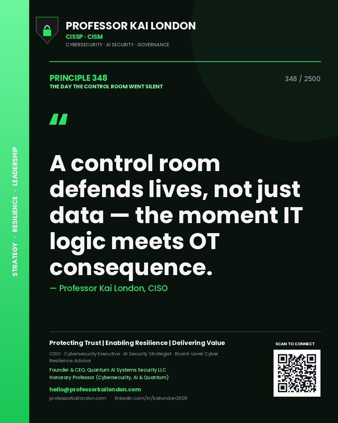 Quote card by Professor Kai London reading 'A control room defends lives, not just data — the moment IT logic meets OT consequence.'. From the book The Day the Control Room Went Silent.