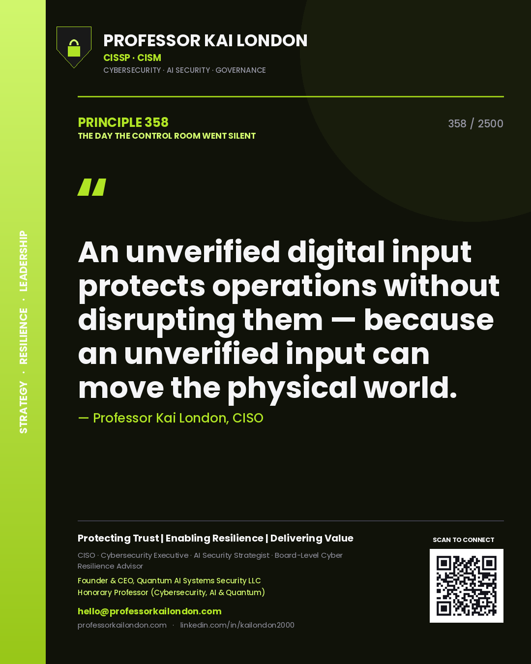 Professor Kai London principle 358: An unverified digital input protects operations without disrupting them — because an unverified input can move the physical world.