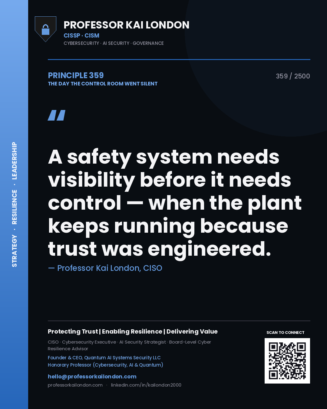 Professor Kai London principle 359: A safety system needs visibility before it needs control — when the plant keeps running because trust was engineered.