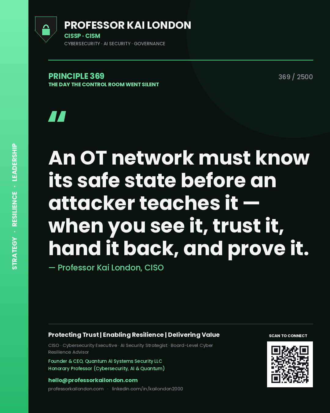 Quote card by Professor Kai London reading 'An OT network must know its safe state before an attacker teaches it — when you see it, trust it, hand it back, and prove it.'. From the book The Day the Control Room Went Silent.