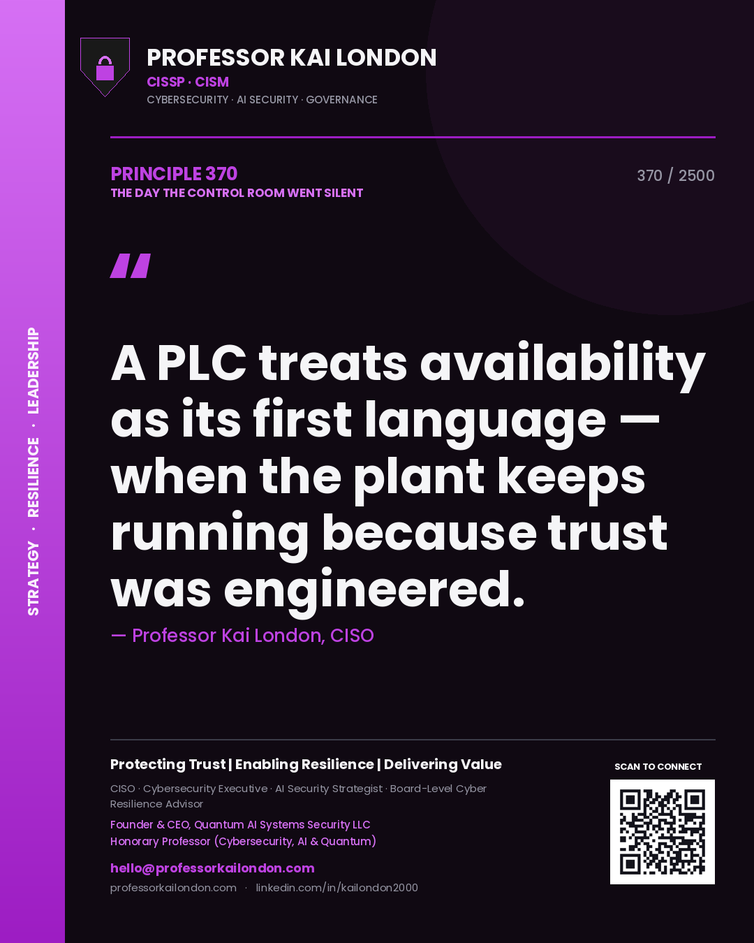 Professor Kai London principle 370: A PLC treats availability as its first language — when the plant keeps running because trust was engineered.