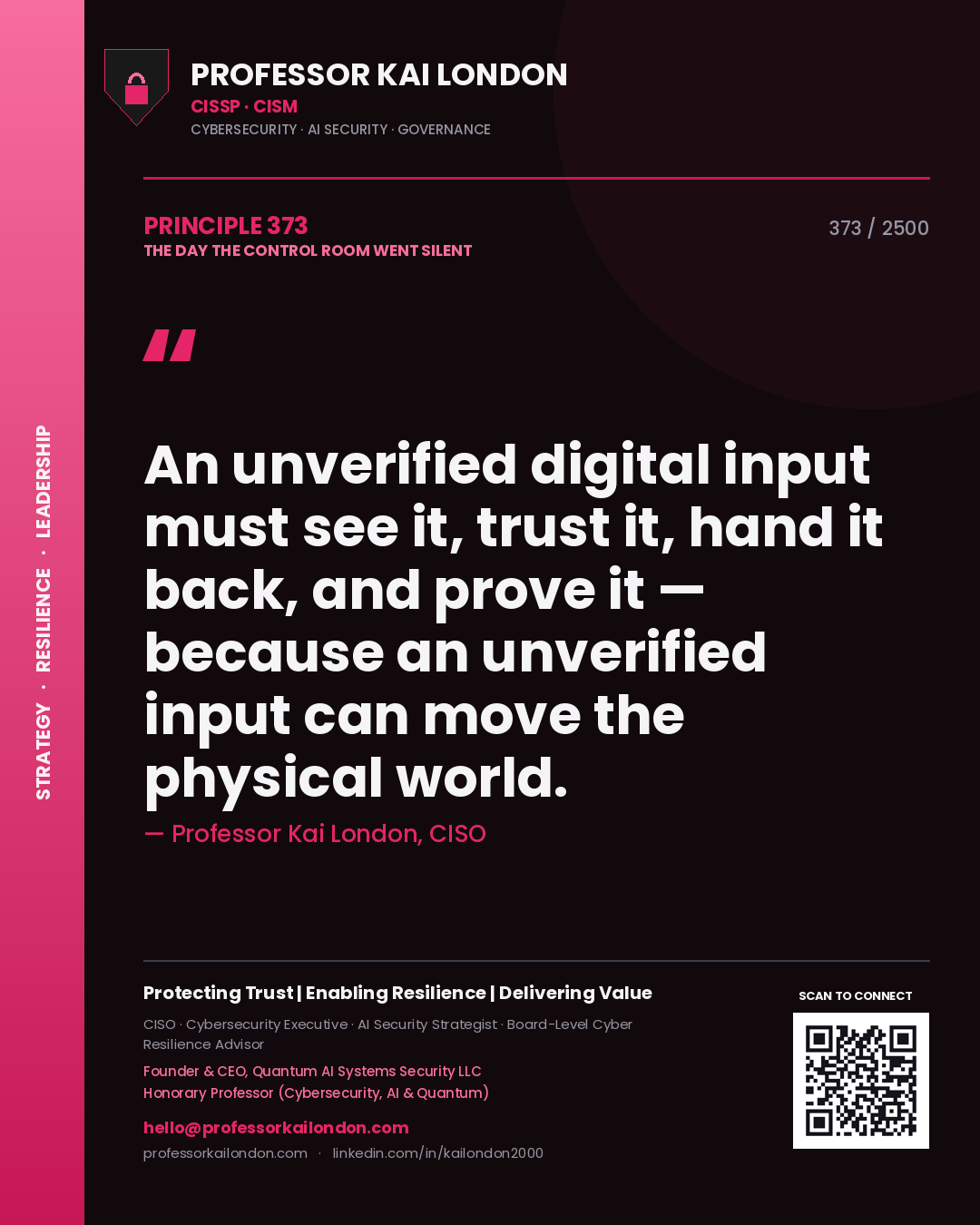 Professor Kai London principle 373: An unverified digital input must see it, trust it, hand it back, and prove it — because an unverified input can move the physical world.