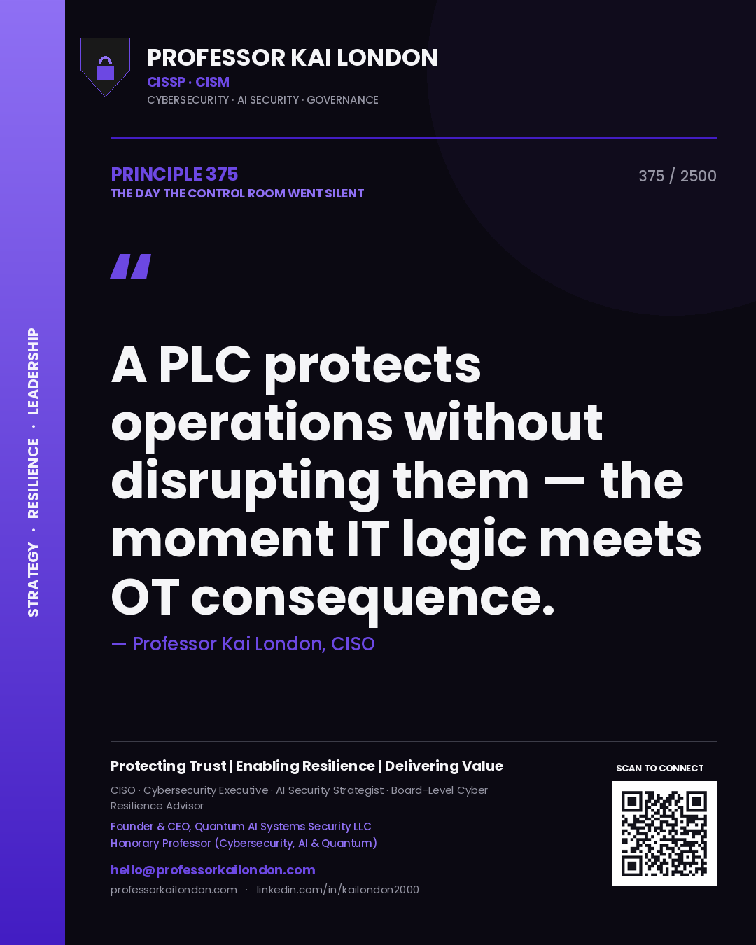 Professor Kai London principle 375: A PLC protects operations without disrupting them — the moment IT logic meets OT consequence.
