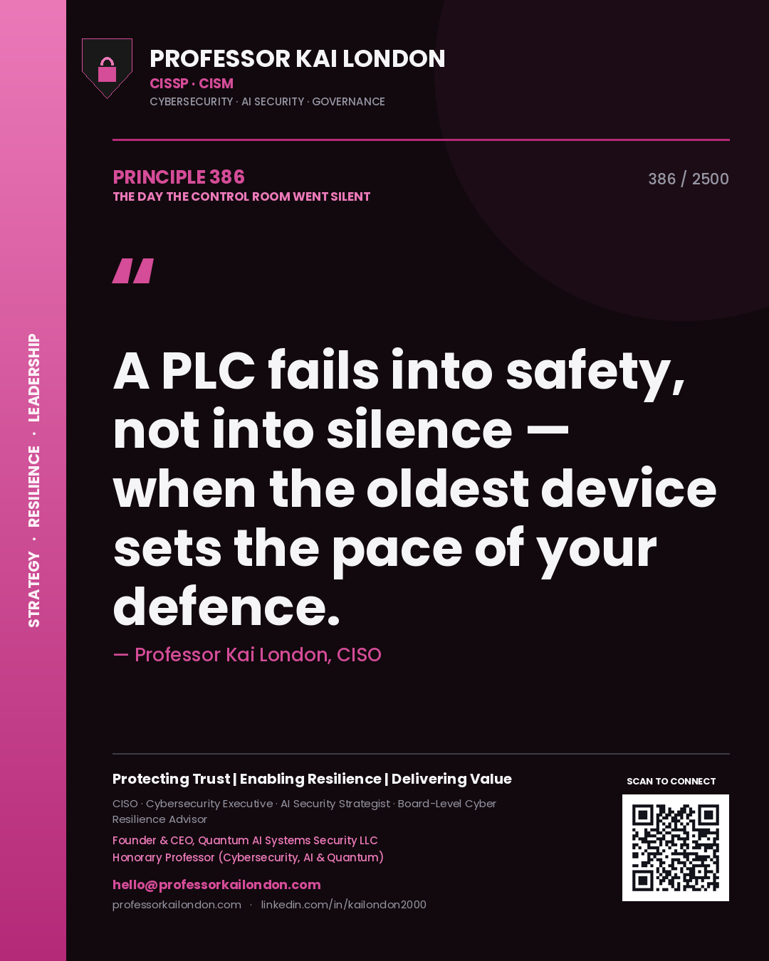 Professor Kai London principle 386: A PLC fails into safety, not into silence — when the oldest device sets the pace of your defence.