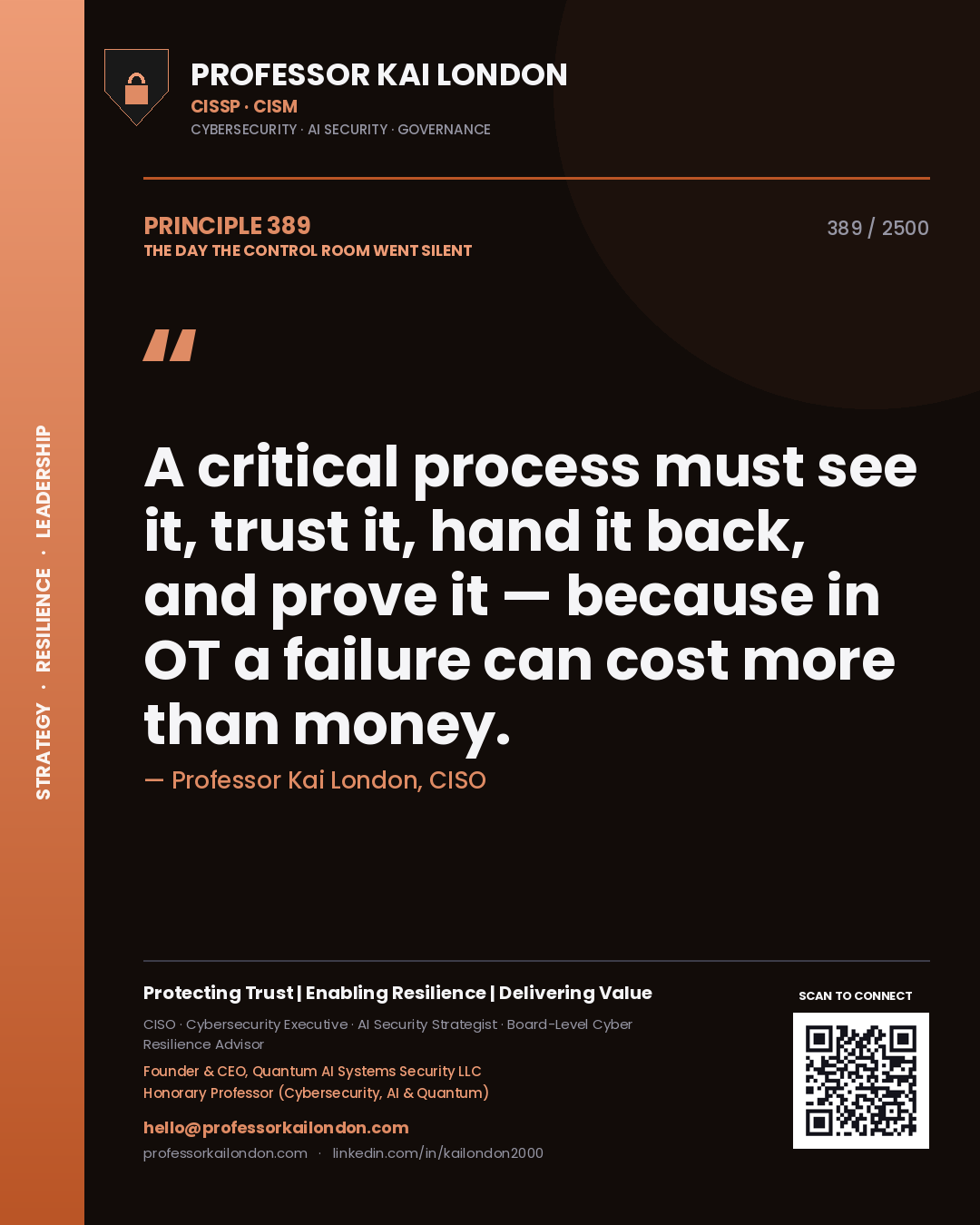 Quote card by Professor Kai London reading 'A critical process must see it, trust it, hand it back, and prove it — because in OT a failure can cost more than money.'. From the book The Day the Control Room Went Silent.