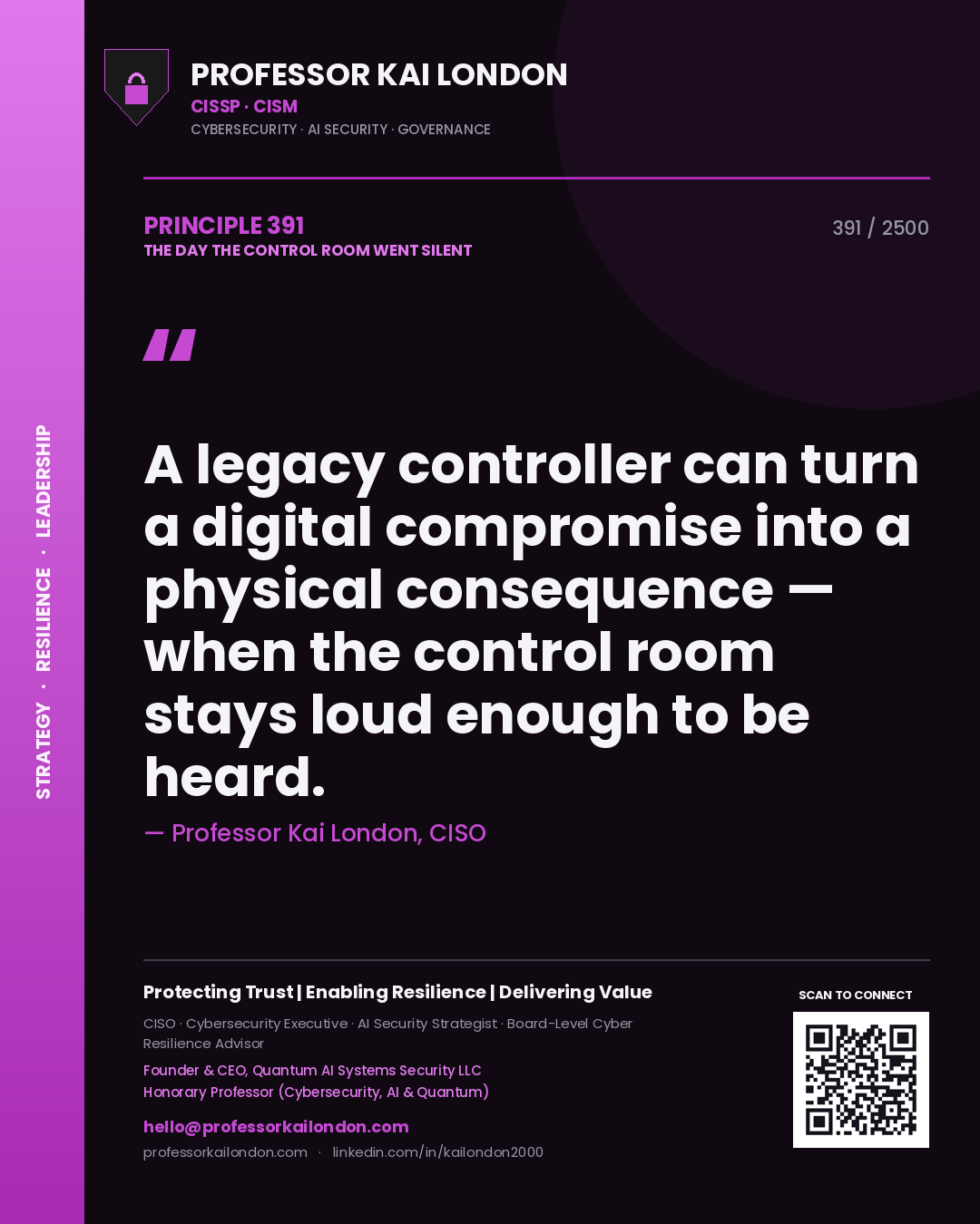 Professor Kai London principle 391: A legacy controller can turn a digital compromise into a physical consequence — when the control room stays loud enough to be heard.