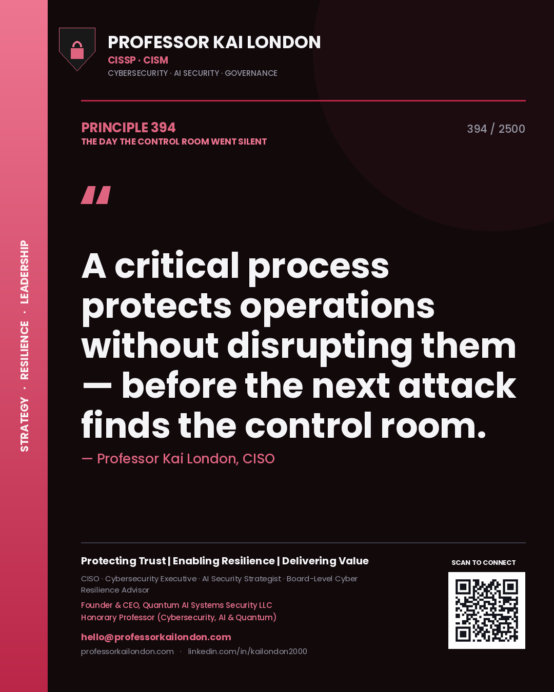 Quote card by Professor Kai London reading 'A critical process protects operations without disrupting them — before the next attack finds the control room.'. From the book The Day the Control Room Went Silent.