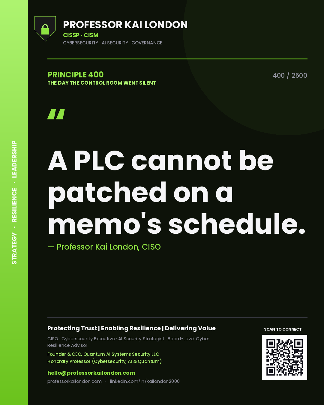 Quote card by Professor Kai London reading 'A PLC cannot be patched on a memo's schedule.'. From the book The Day the Control Room Went Silent.