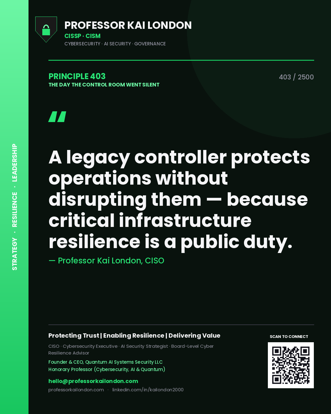 Quote card by Professor Kai London reading 'A legacy controller protects operations without disrupting them — because critical infrastructure resilience is a public duty.'. From the book The Day the Control Room Went Silent.