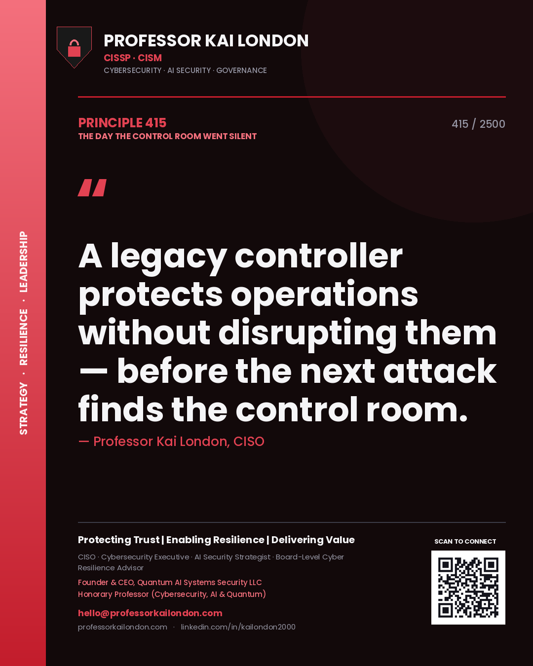 Professor Kai London principle 415: A legacy controller protects operations without disrupting them — before the next attack finds the control room.