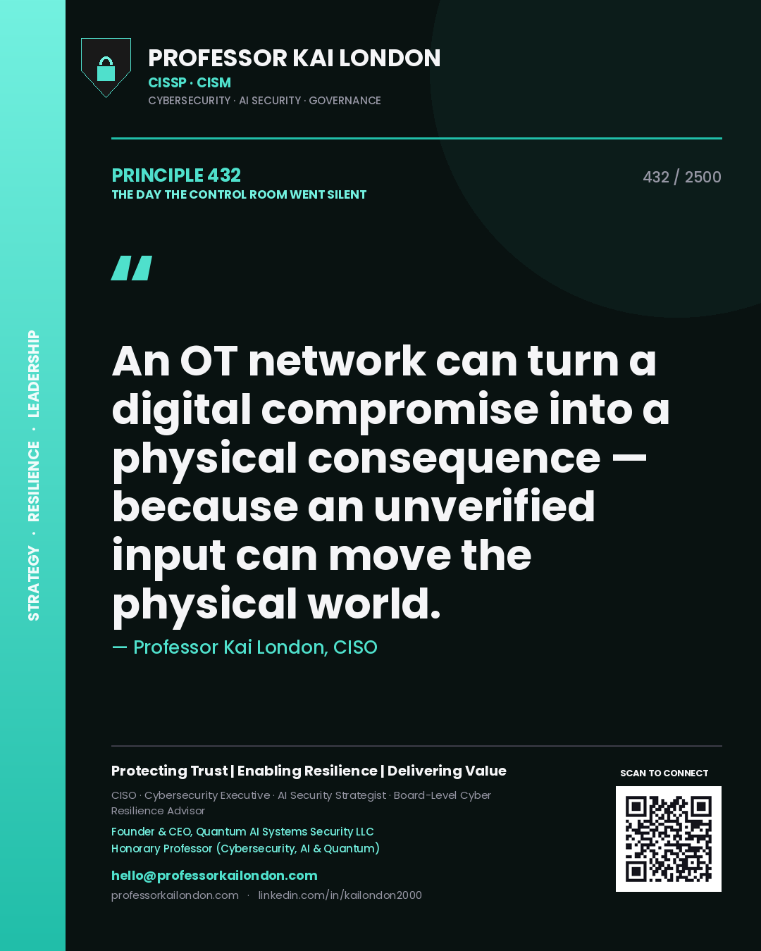 Professor Kai London principle 432: An OT network can turn a digital compromise into a physical consequence — because an unverified input can move the physical world.