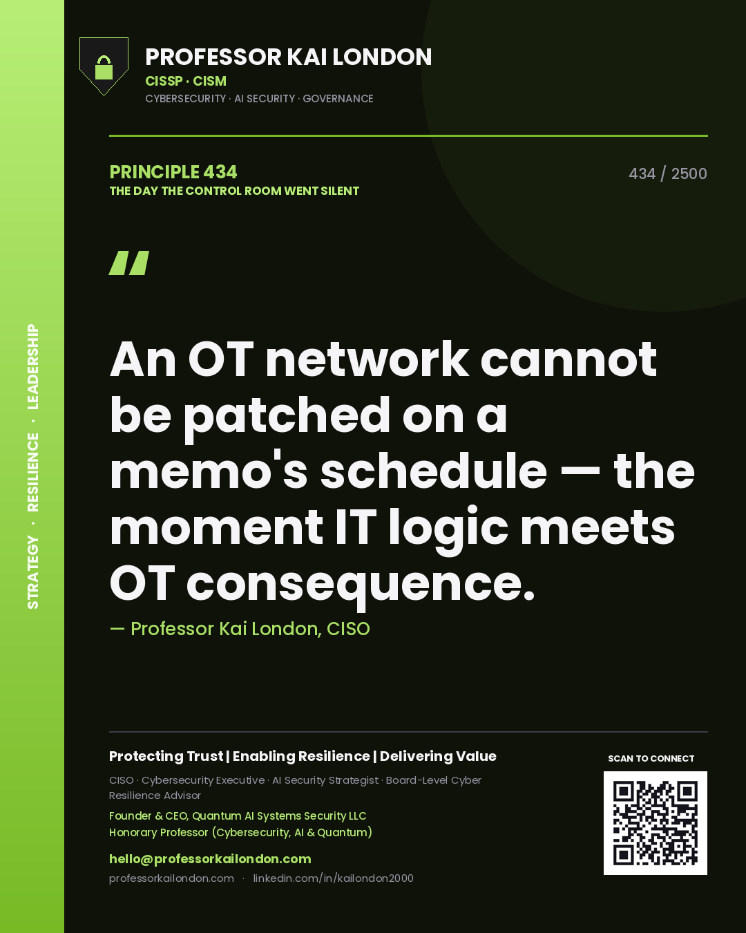 Quote card by Professor Kai London reading 'An OT network cannot be patched on a memo's schedule — the moment IT logic meets OT consequence.'. From the book The Day the Control Room Went Silent.