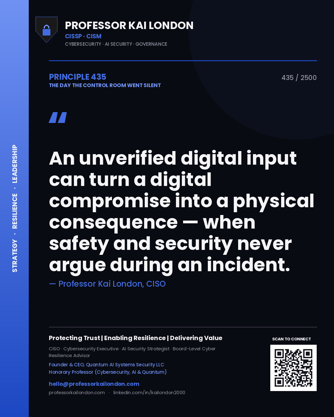 Quote card by Professor Kai London reading 'An unverified digital input can turn a digital compromise into a physical consequence — when safety and security never argue during an incident.'. From the book The Day the Control Room Went Silent.
