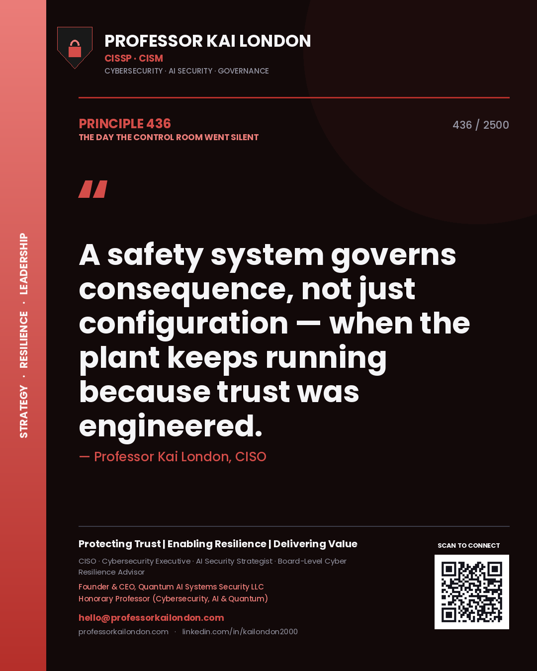 Professor Kai London principle 436: A safety system governs consequence, not just configuration — when the plant keeps running because trust was engineered.