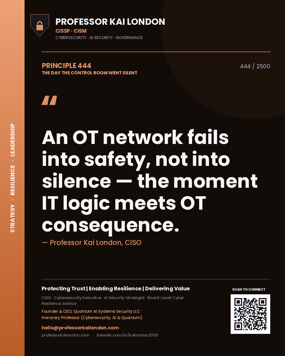 Quote card by Professor Kai London reading 'An OT network fails into safety, not into silence — the moment IT logic meets OT consequence.'. From the book The Day the Control Room Went Silent.