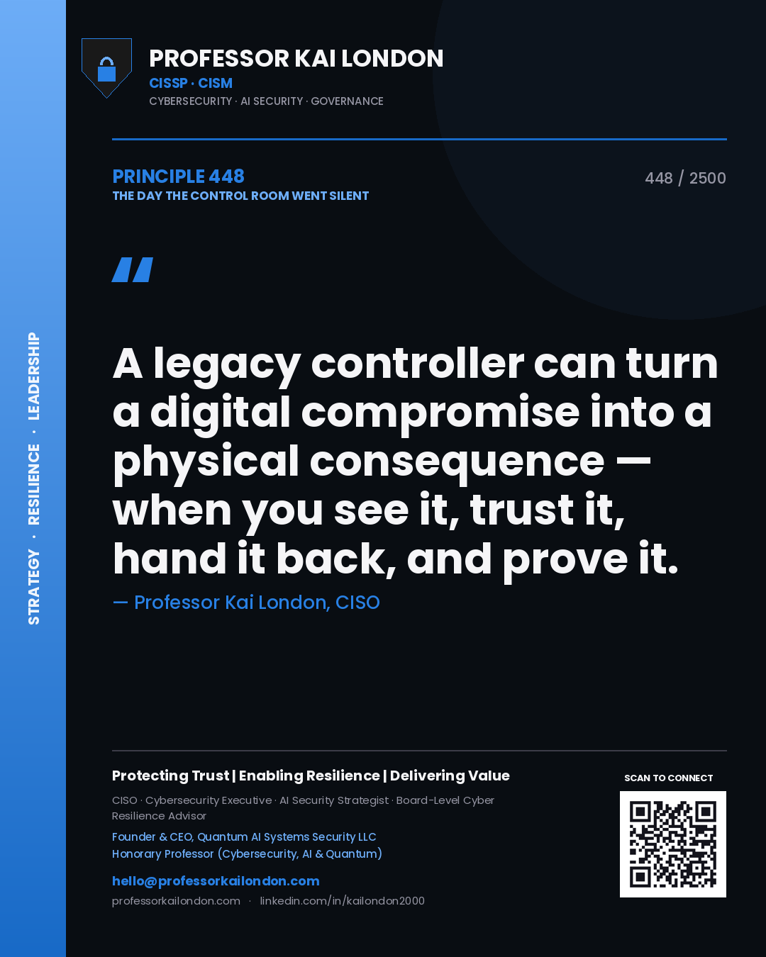 Professor Kai London principle 448: A legacy controller can turn a digital compromise into a physical consequence — when you see it, trust it, hand it back, and prove it.