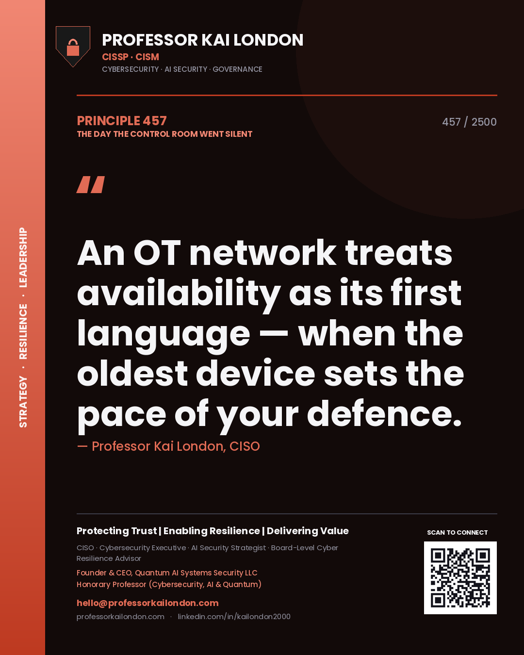Professor Kai London principle 457: An OT network treats availability as its first language — when the oldest device sets the pace of your defence.