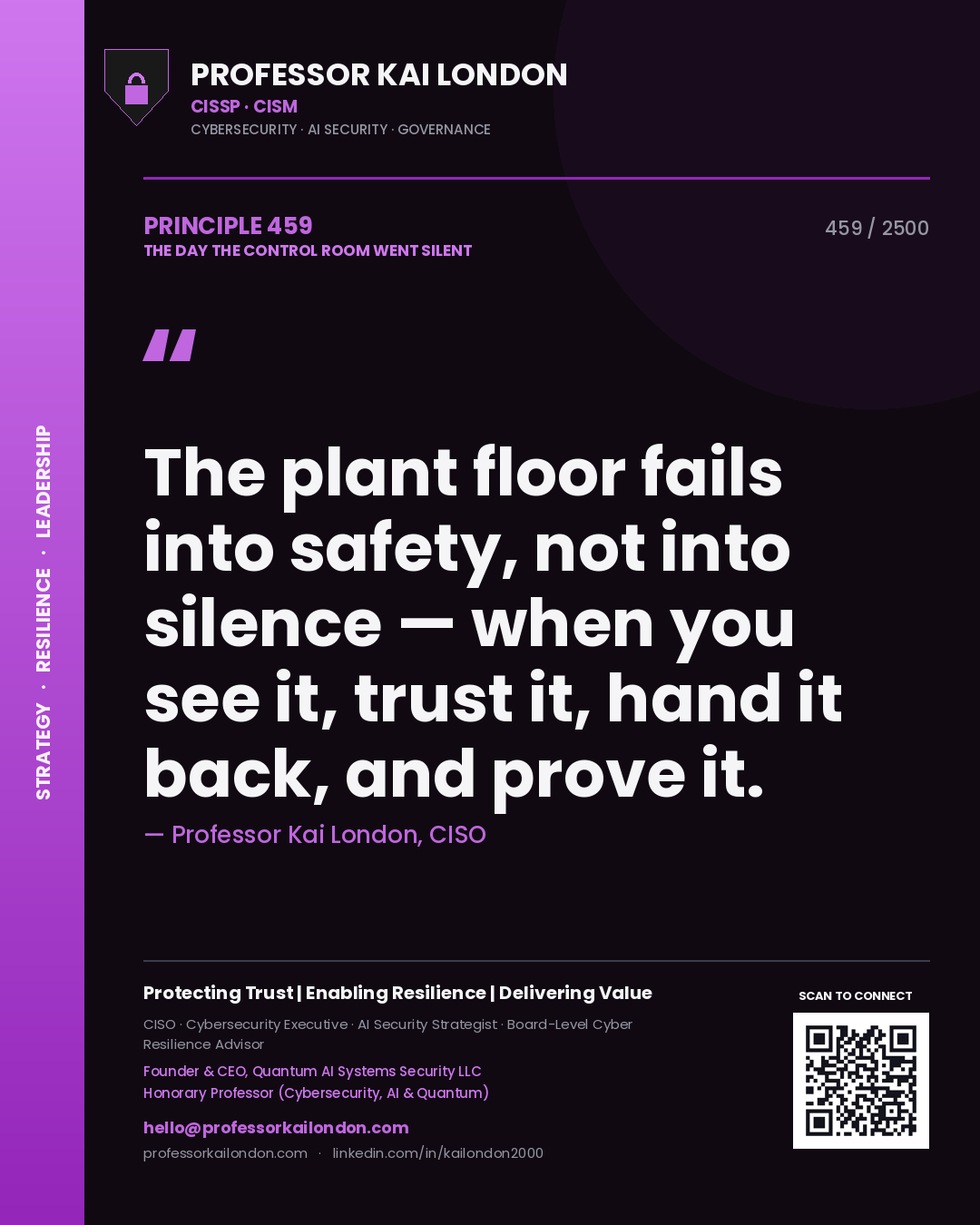 Quote card by Professor Kai London reading 'The plant floor fails into safety, not into silence — when you see it, trust it, hand it back, and prove it.'. From the book The Day the Control Room Went Silent.