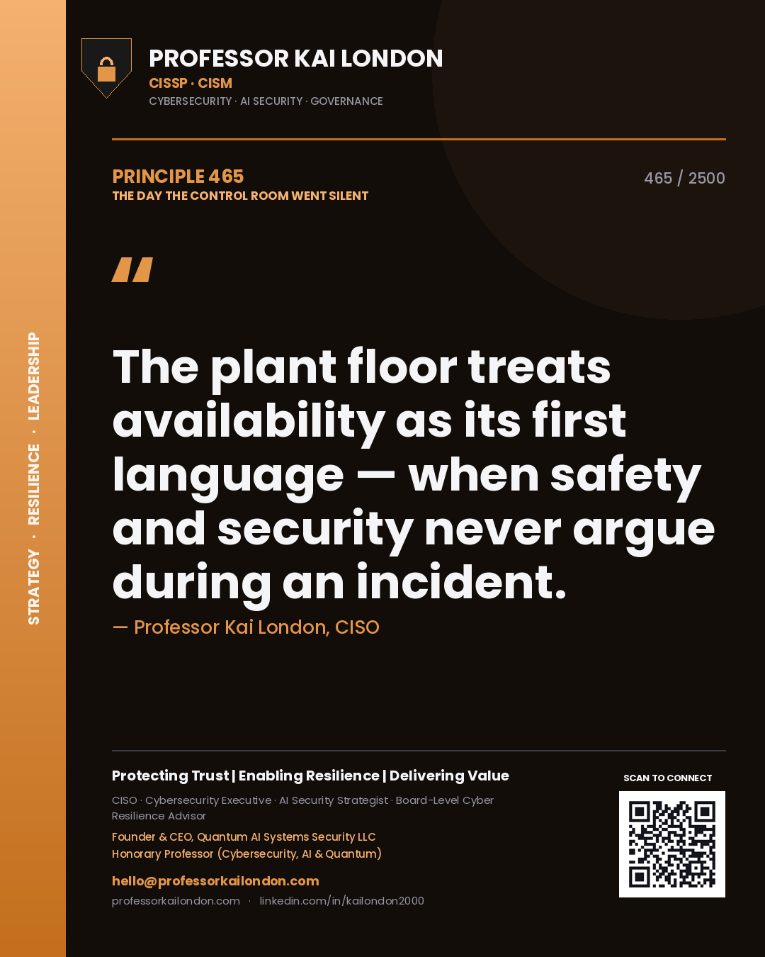 Quote card by Professor Kai London reading 'The plant floor treats availability as its first language — when safety and security never argue during an incident.'. From the book The Day the Control Room Went Silent.