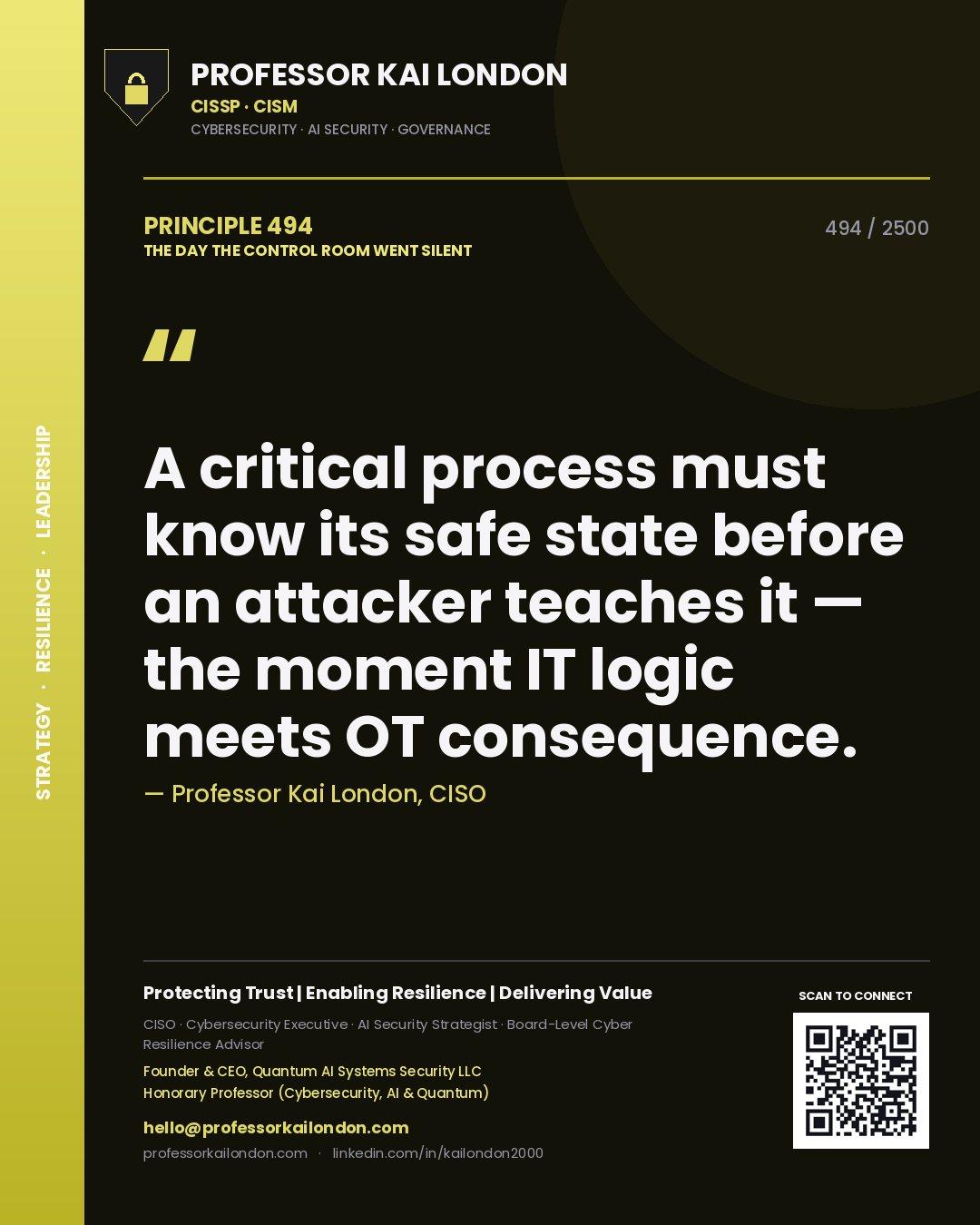 Professor Kai London principle 494: A critical process must know its safe state before an attacker teaches it — the moment IT logic meets OT consequence.