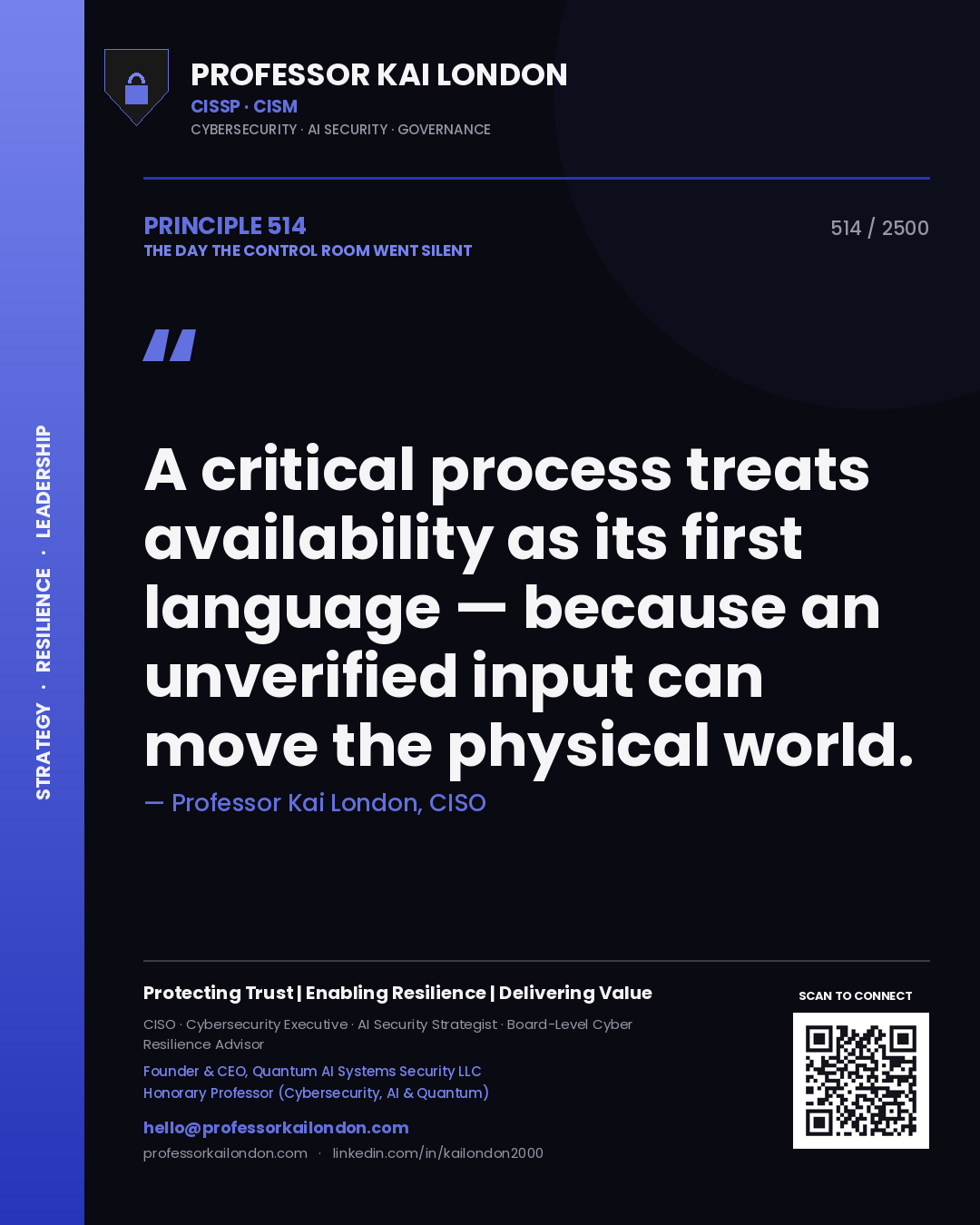Quote card by Professor Kai London reading 'A critical process treats availability as its first language — because an unverified input can move the physical world.'. From the book The Day the Control Room Went Silent.