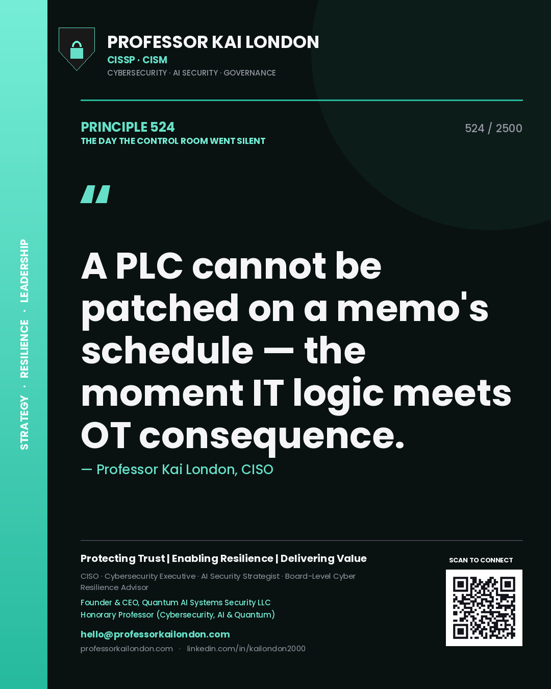 Quote card by Professor Kai London reading 'A PLC cannot be patched on a memo's schedule — the moment IT logic meets OT consequence.'. From the book The Day the Control Room Went Silent.