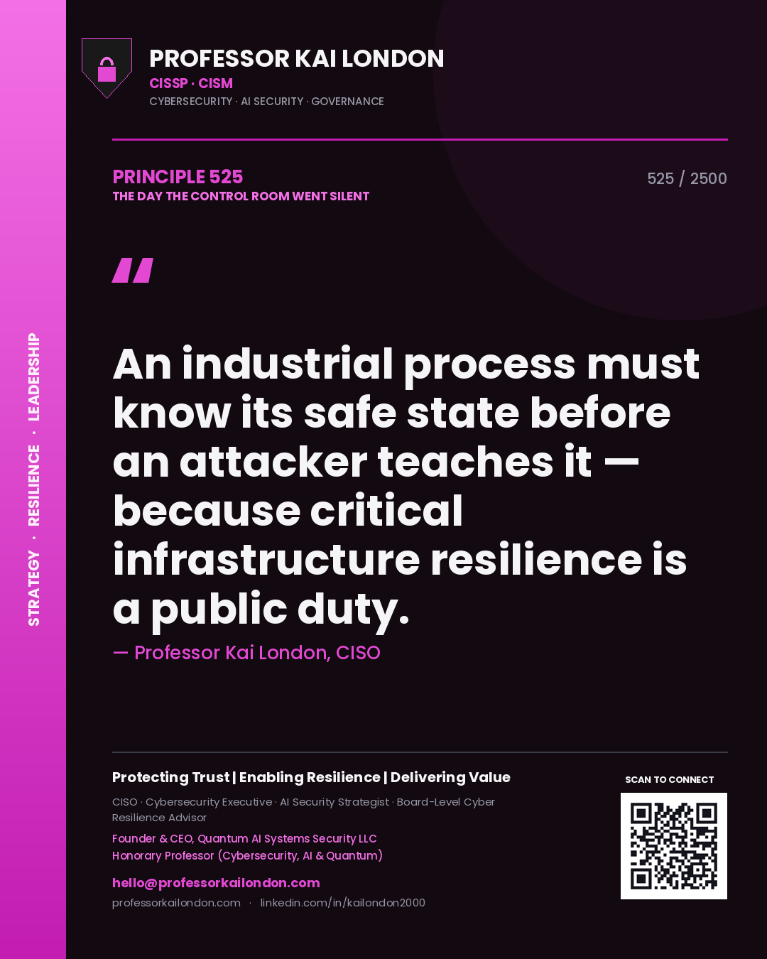 Quote card by Professor Kai London reading 'An industrial process must know its safe state before an attacker teaches it — because critical infrastructure resilience is a public duty.'. From the book The Day the Control Room Went Silent.
