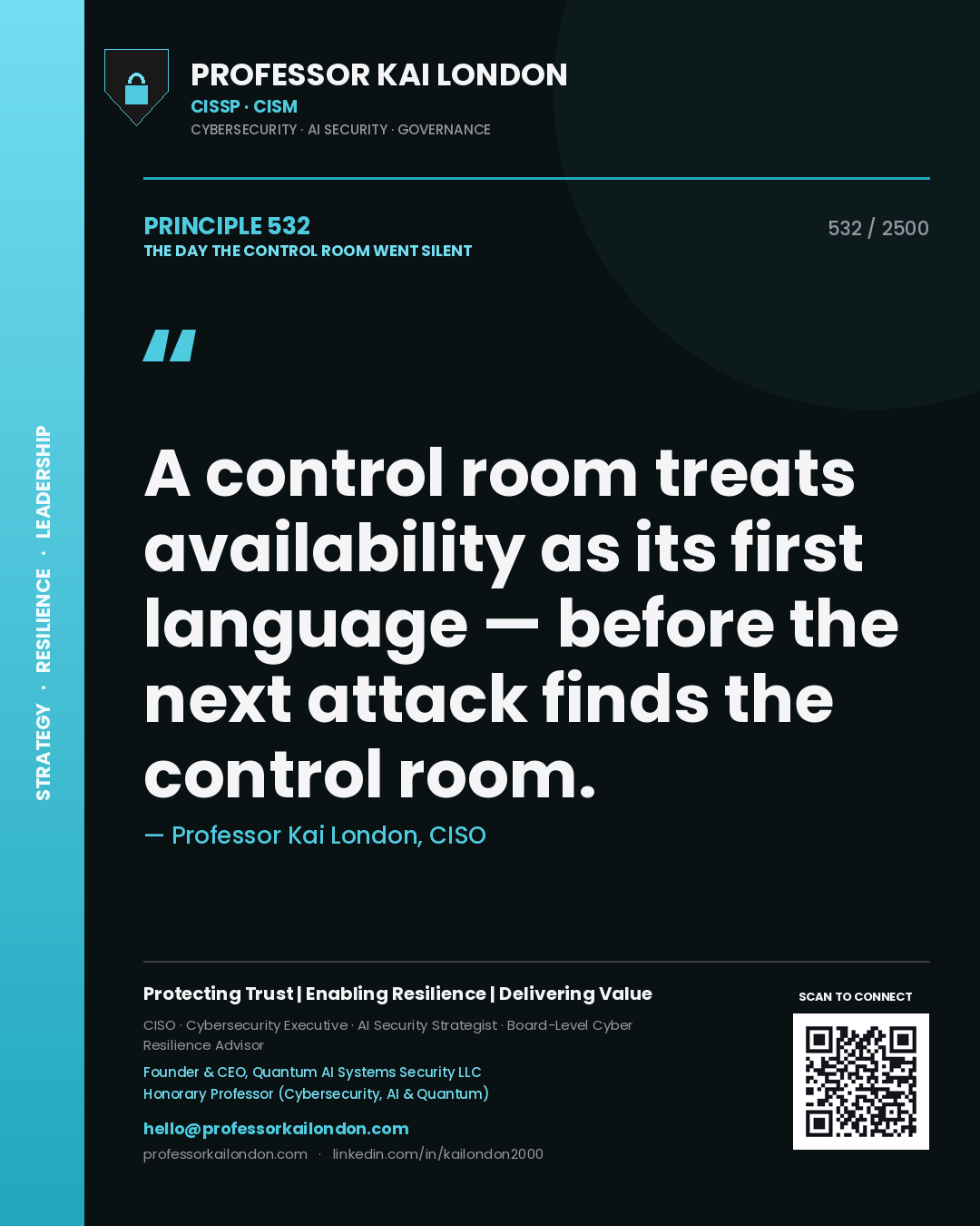 Quote card by Professor Kai London reading 'A control room treats availability as its first language — before the next attack finds the control room.'. From the book The Day the Control Room Went Silent.