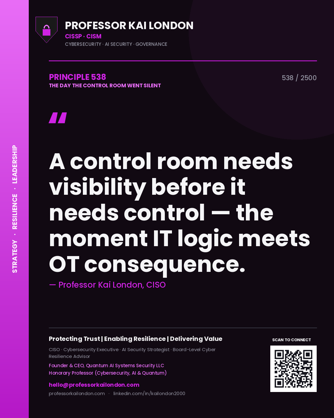 Quote card by Professor Kai London reading 'A control room needs visibility before it needs control — the moment IT logic meets OT consequence.'. From the book The Day the Control Room Went Silent.