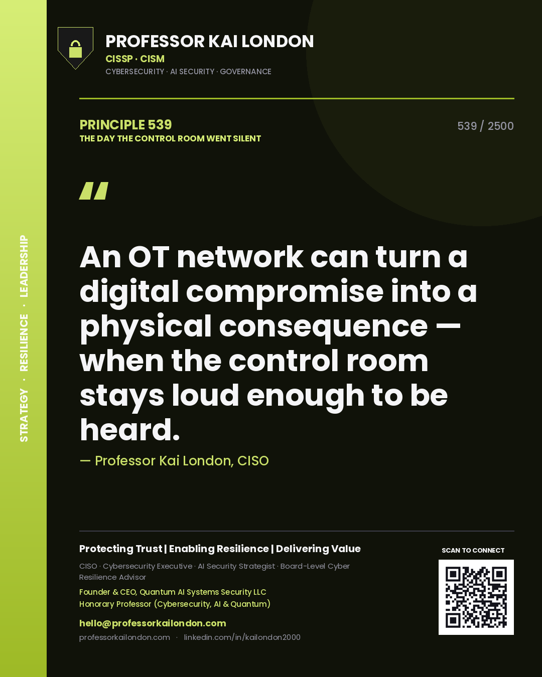 Quote card by Professor Kai London reading 'An OT network can turn a digital compromise into a physical consequence — when the control room stays loud enough to be heard.'. From the book The Day the Control Room Went Silent.