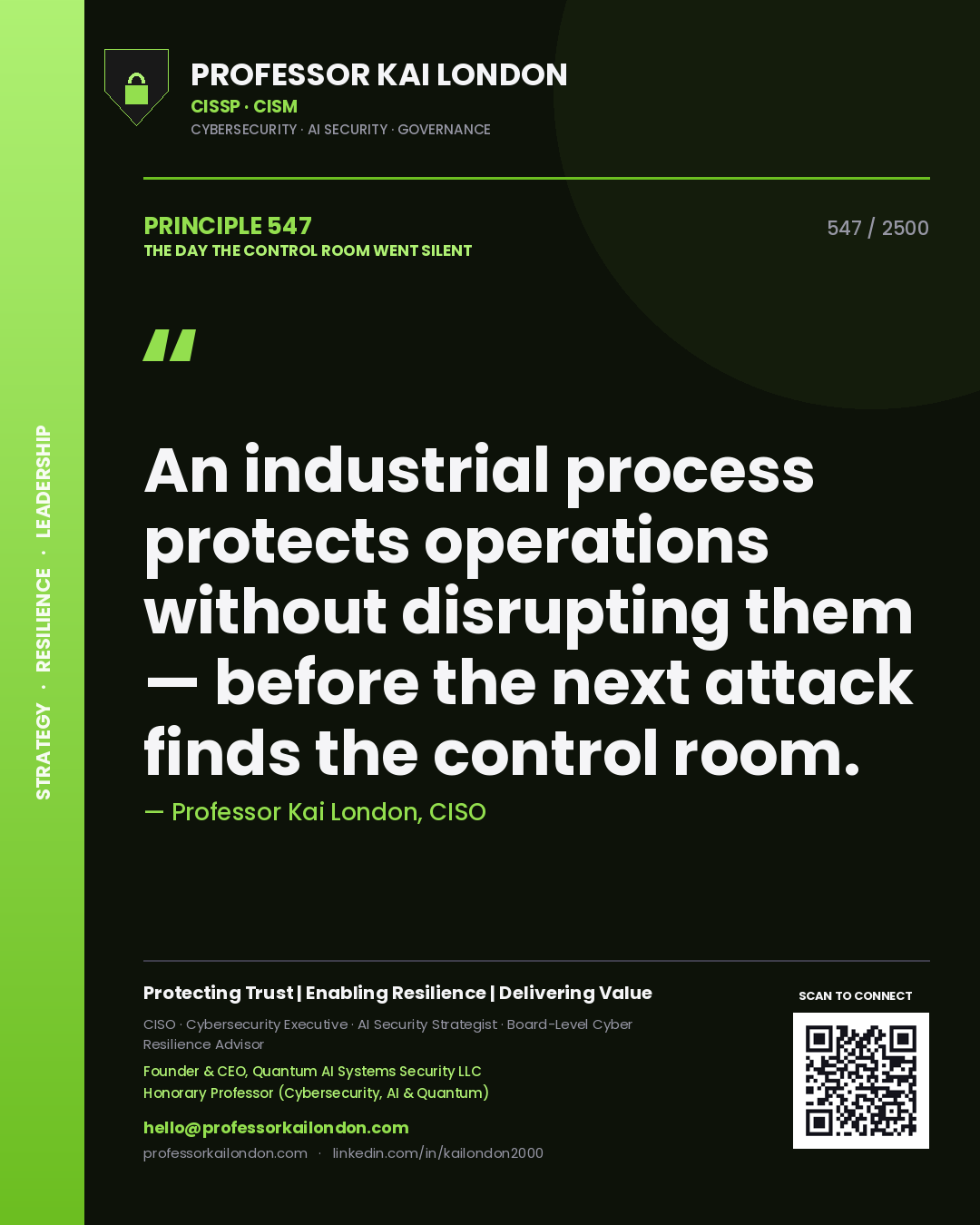 Professor Kai London principle 547: An industrial process protects operations without disrupting them — before the next attack finds the control room.