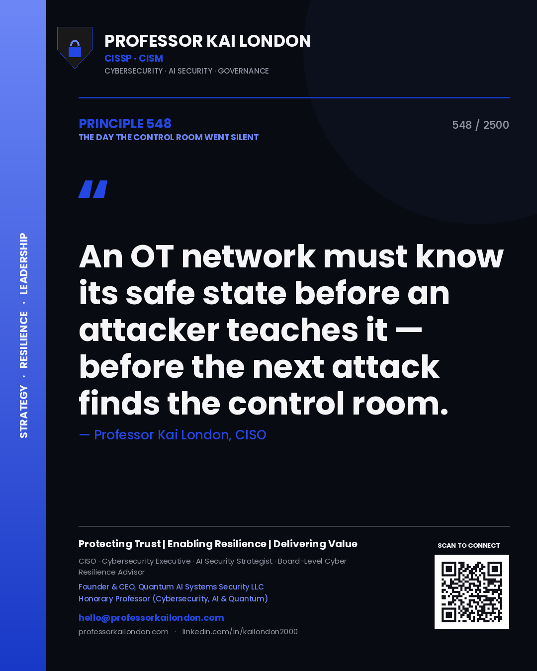 Quote card by Professor Kai London reading 'An OT network must know its safe state before an attacker teaches it — before the next attack finds the control room.'. From the book The Day the Control Room Went Silent.