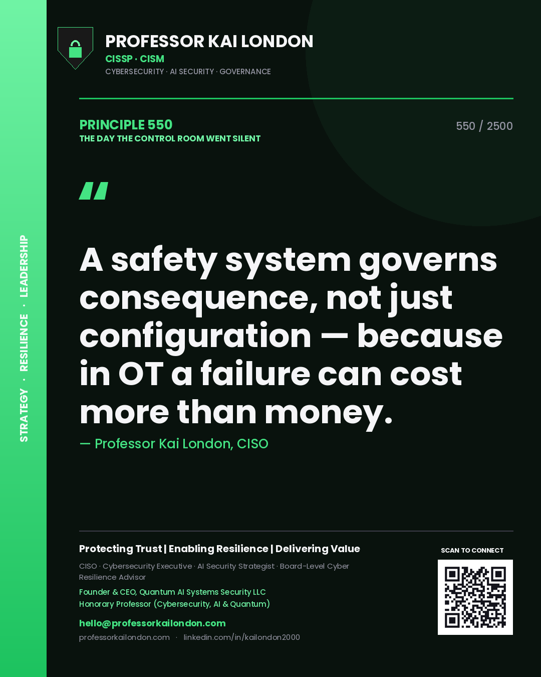 Quote card by Professor Kai London reading 'A safety system governs consequence, not just configuration — because in OT a failure can cost more than money.'. From the book The Day the Control Room Went Silent.