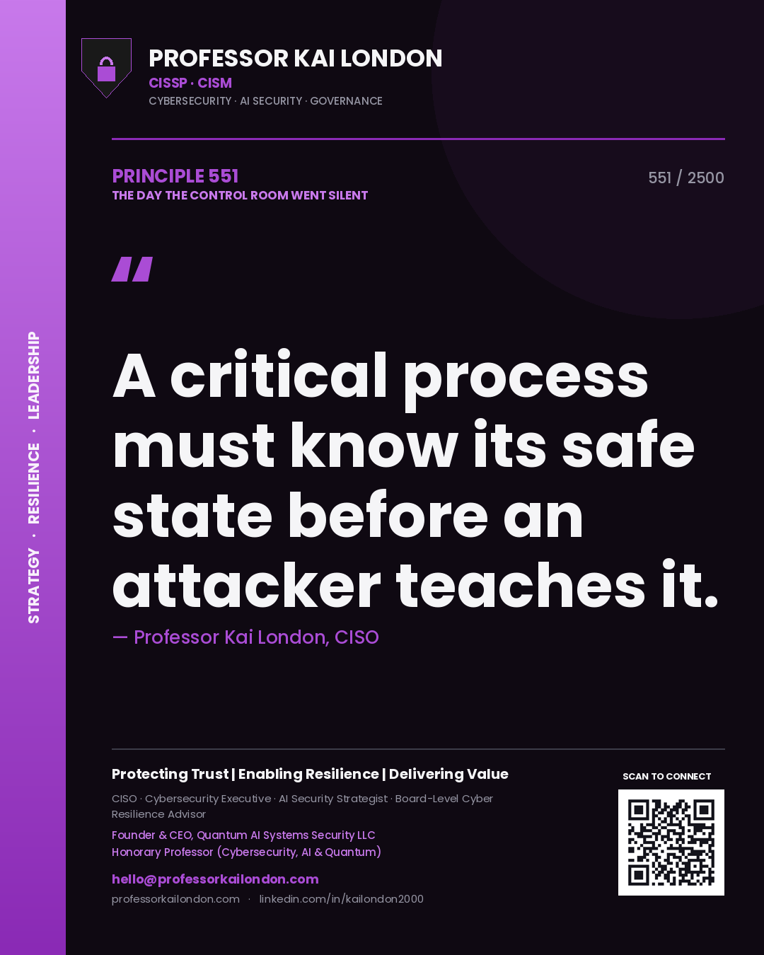 Quote card by Professor Kai London reading 'A critical process must know its safe state before an attacker teaches it.'. From the book The Day the Control Room Went Silent.