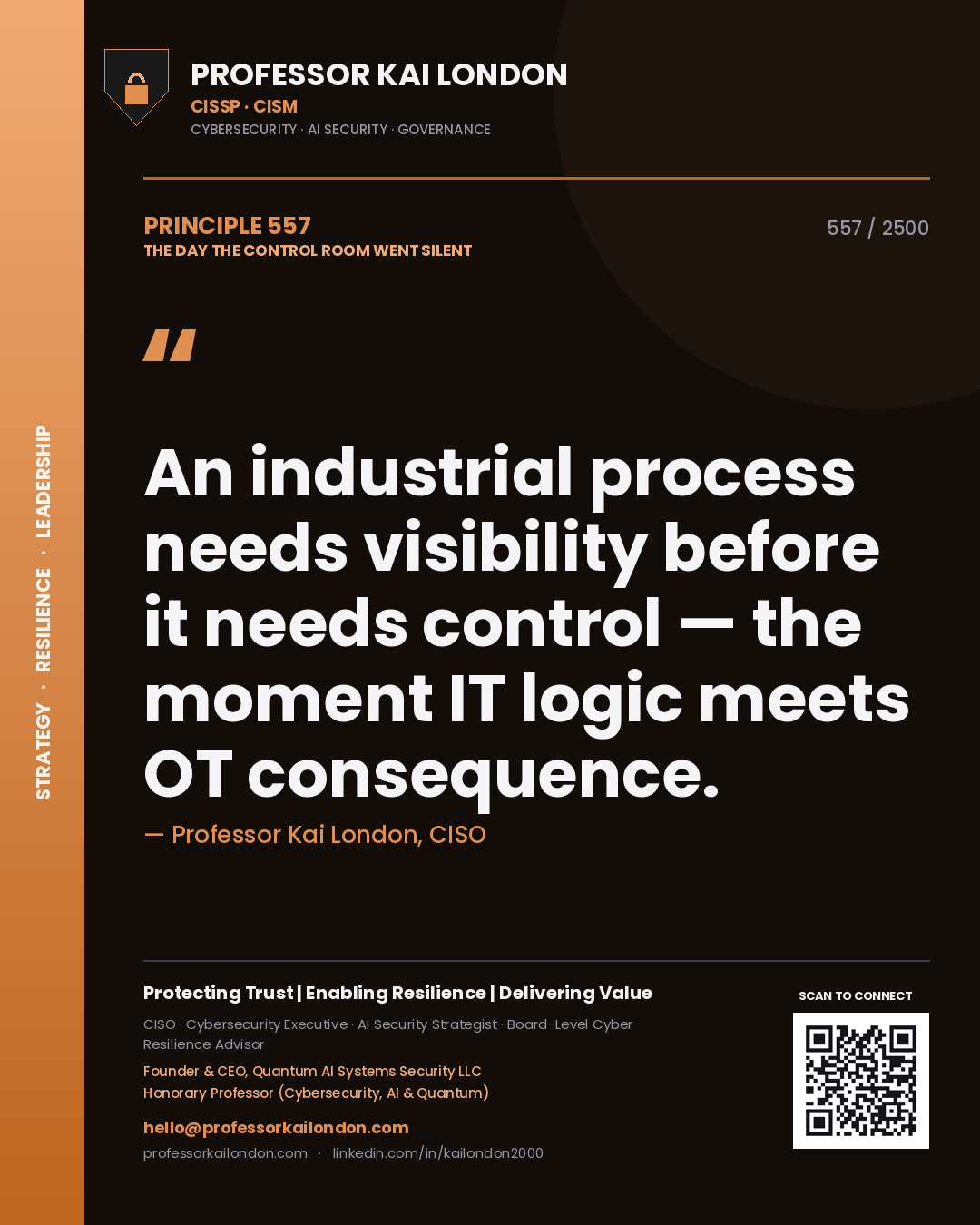 Quote card by Professor Kai London reading 'An industrial process needs visibility before it needs control — the moment IT logic meets OT consequence.'. From the book The Day the Control Room Went Silent.