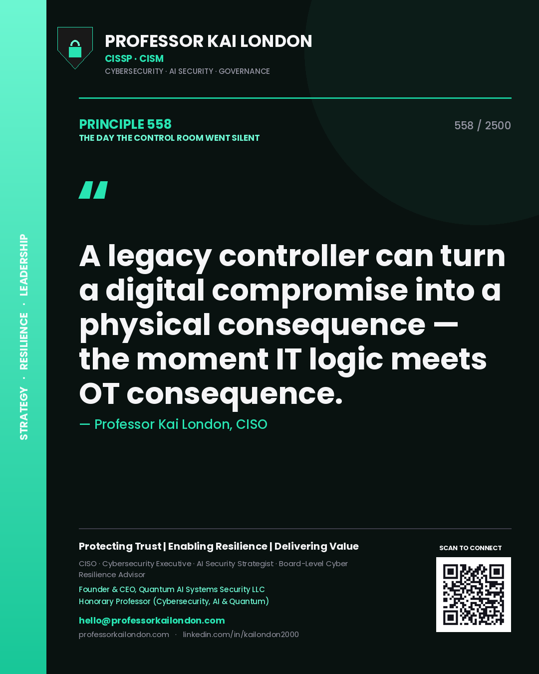 Quote card by Professor Kai London reading 'A legacy controller can turn a digital compromise into a physical consequence — the moment IT logic meets OT consequence.'. From the book The Day the Control Room Went Silent.