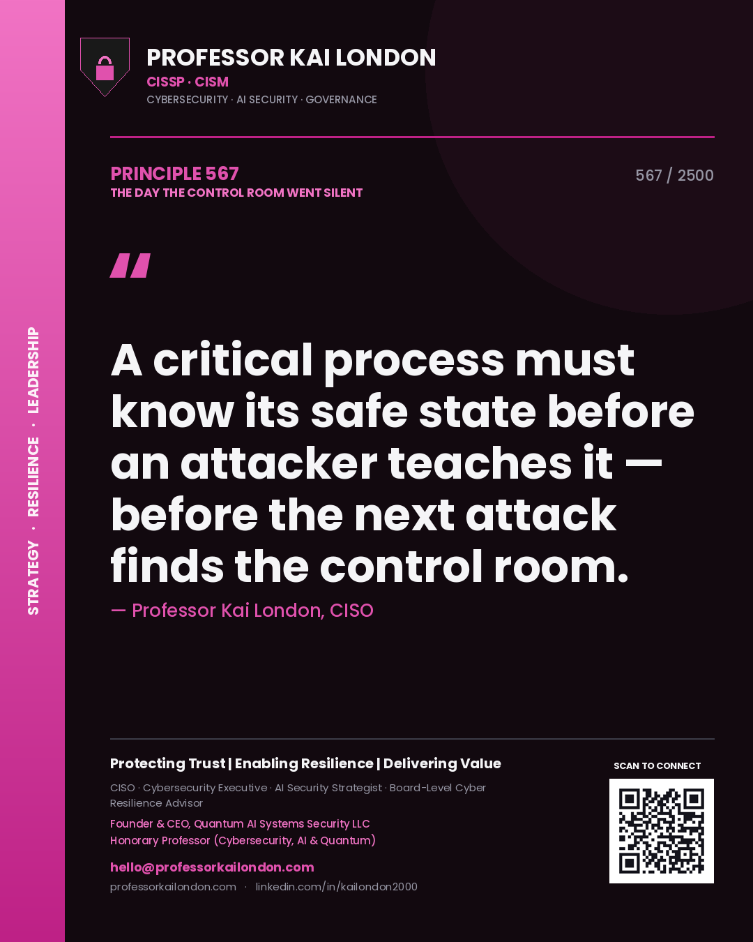 Quote card by Professor Kai London reading 'A critical process must know its safe state before an attacker teaches it — before the next attack finds the control room.'. From the book The Day the Control Room Went Silent.