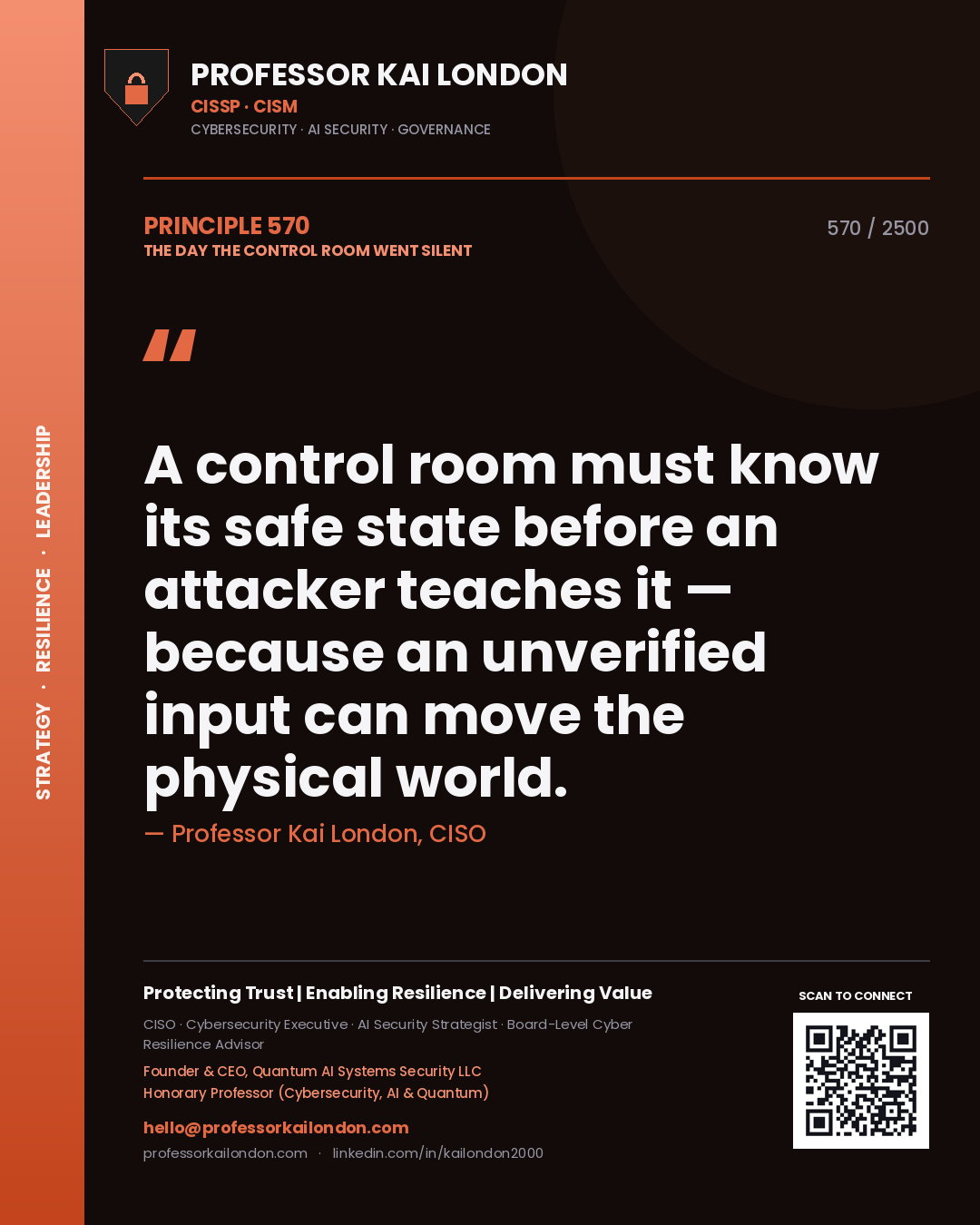 Professor Kai London principle 570: A control room must know its safe state before an attacker teaches it — because an unverified input can move the physical world.