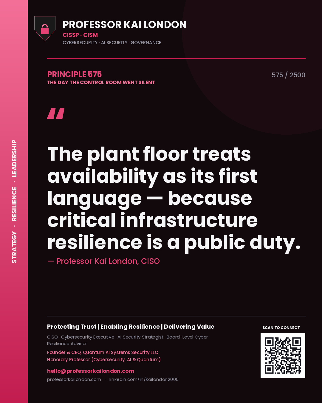 Quote card by Professor Kai London reading 'The plant floor treats availability as its first language — because critical infrastructure resilience is a public duty.'. From the book The Day the Control Room Went Silent.