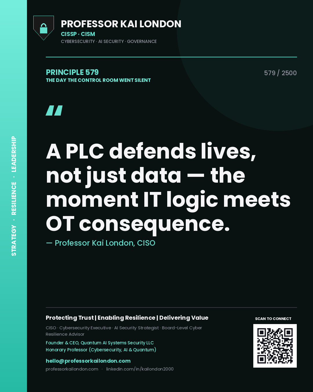 Professor Kai London principle 579: A PLC defends lives, not just data — the moment IT logic meets OT consequence.