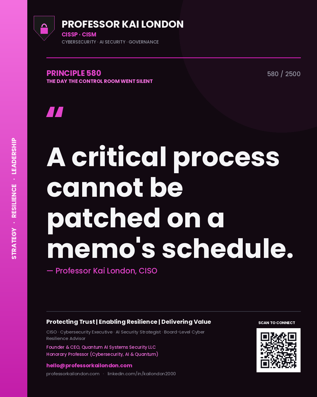 Quote card by Professor Kai London reading 'A critical process cannot be patched on a memo's schedule.'. From the book The Day the Control Room Went Silent.