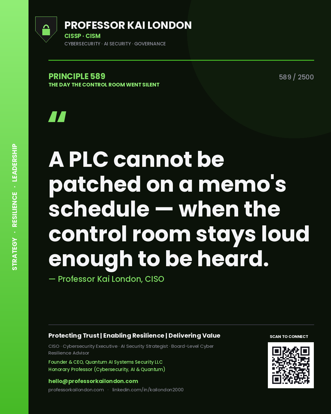 Quote card by Professor Kai London reading 'A PLC cannot be patched on a memo's schedule — when the control room stays loud enough to be heard.'. From the book The Day the Control Room Went Silent.