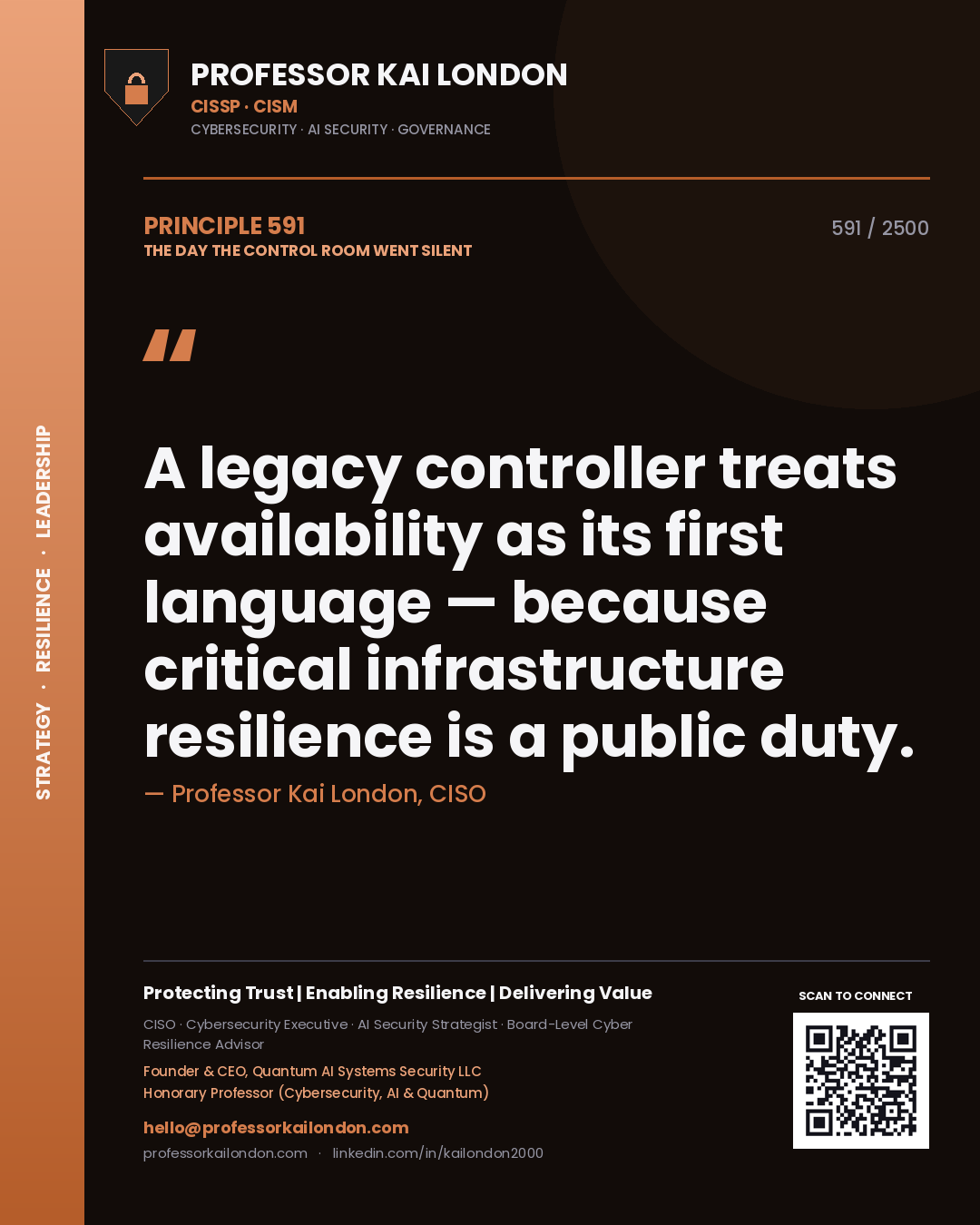 Quote card by Professor Kai London reading 'A legacy controller treats availability as its first language — because critical infrastructure resilience is a public duty.'. From the book The Day the Control Room Went Silent.