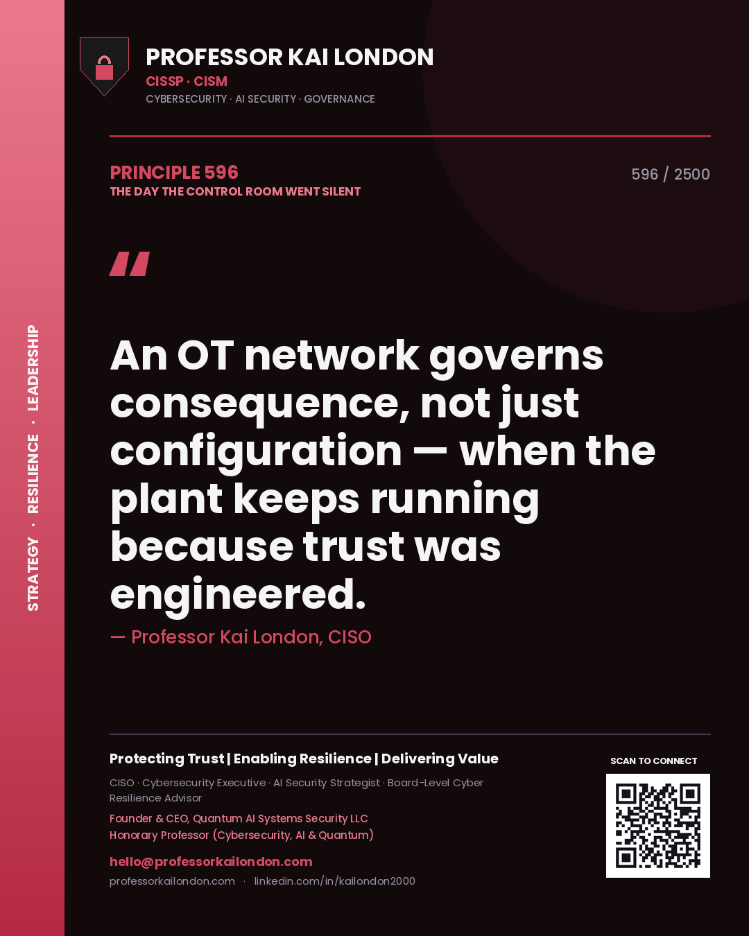 Quote card by Professor Kai London reading 'An OT network governs consequence, not just configuration — when the plant keeps running because trust was engineered.'. From the book The Day the Control Room Went Silent.
